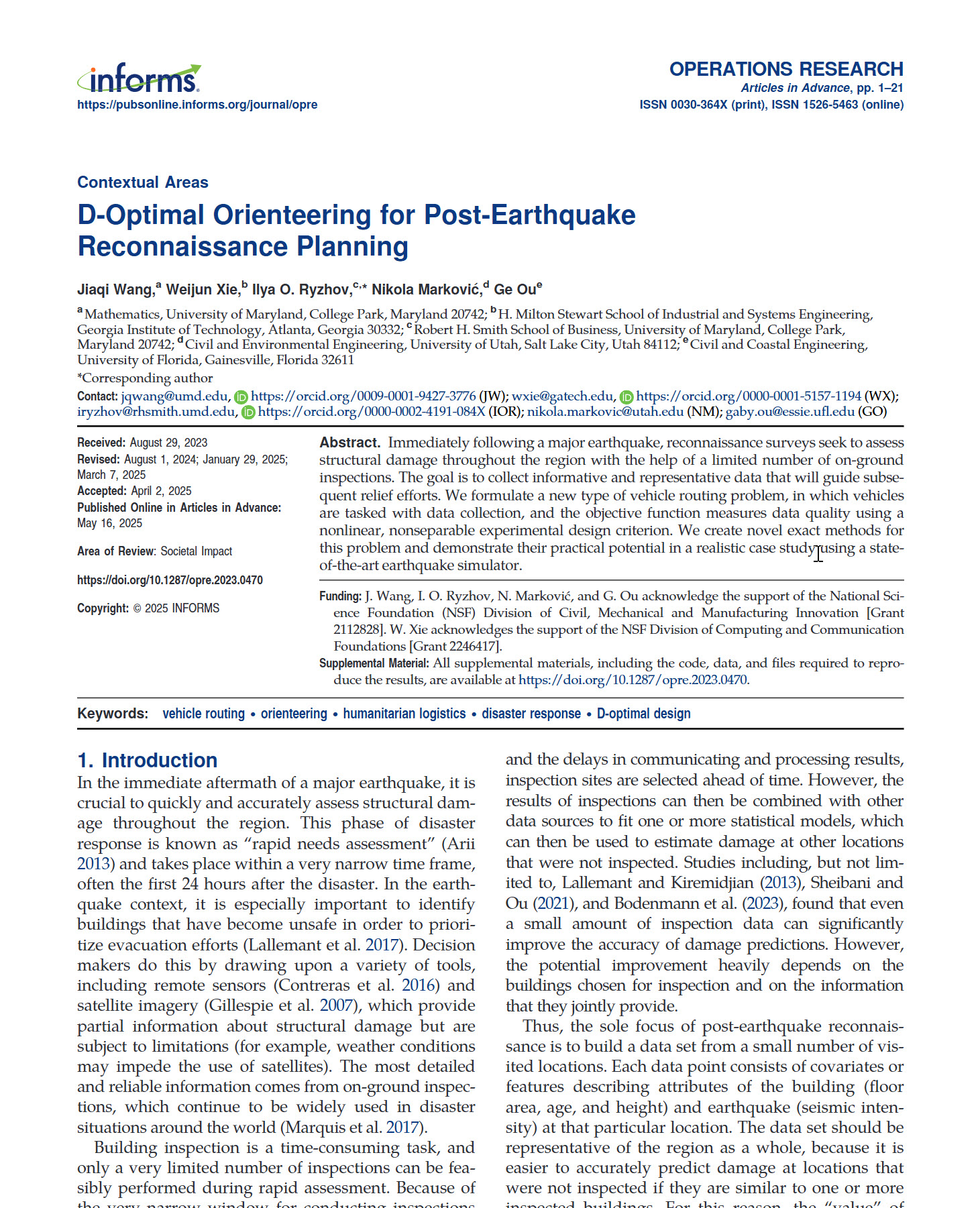 D-Optimal Orienteering for Post-Earthquake Reconnaissance Planning
