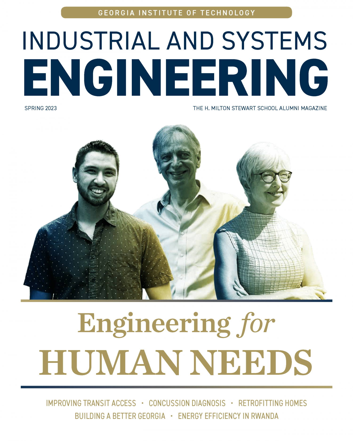 Spring 2023 magazine cover with 3 faculty members